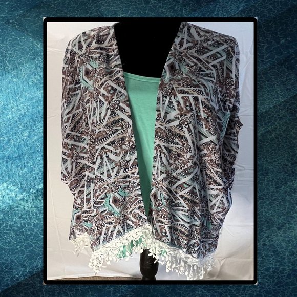 Vanity Aztec Print w/ Fringe Trim Kimono Wrap & 2 Matching Mint Tank Tops Bundle - Picture 3 of 11